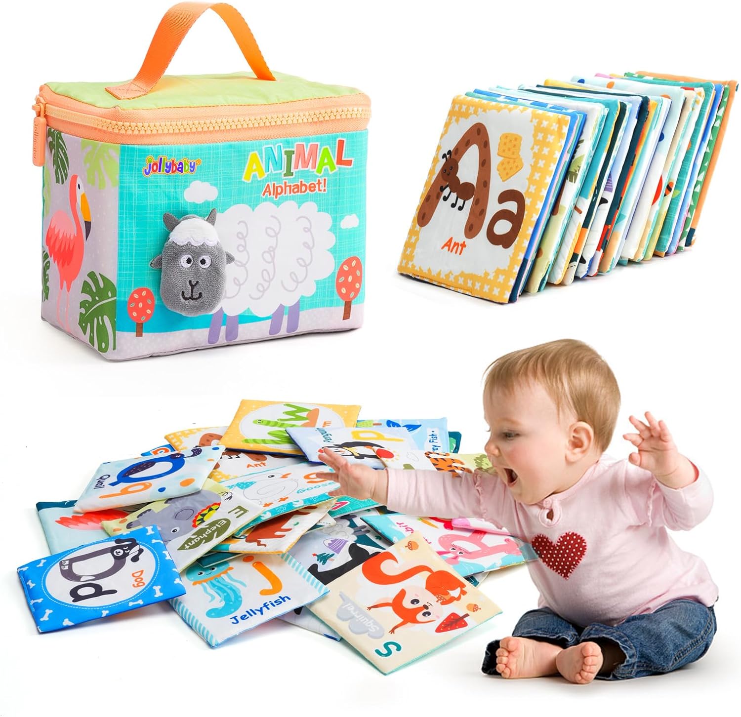 Jollybaby Reusable Soft Cloth ABC Alphabet/Letters Animal Flash Cards for Baby 0-6-12-18 Months, Curious Baby First Words Learning Activity Flashcards, Montessori Sight Words Toy – Easter Gifts