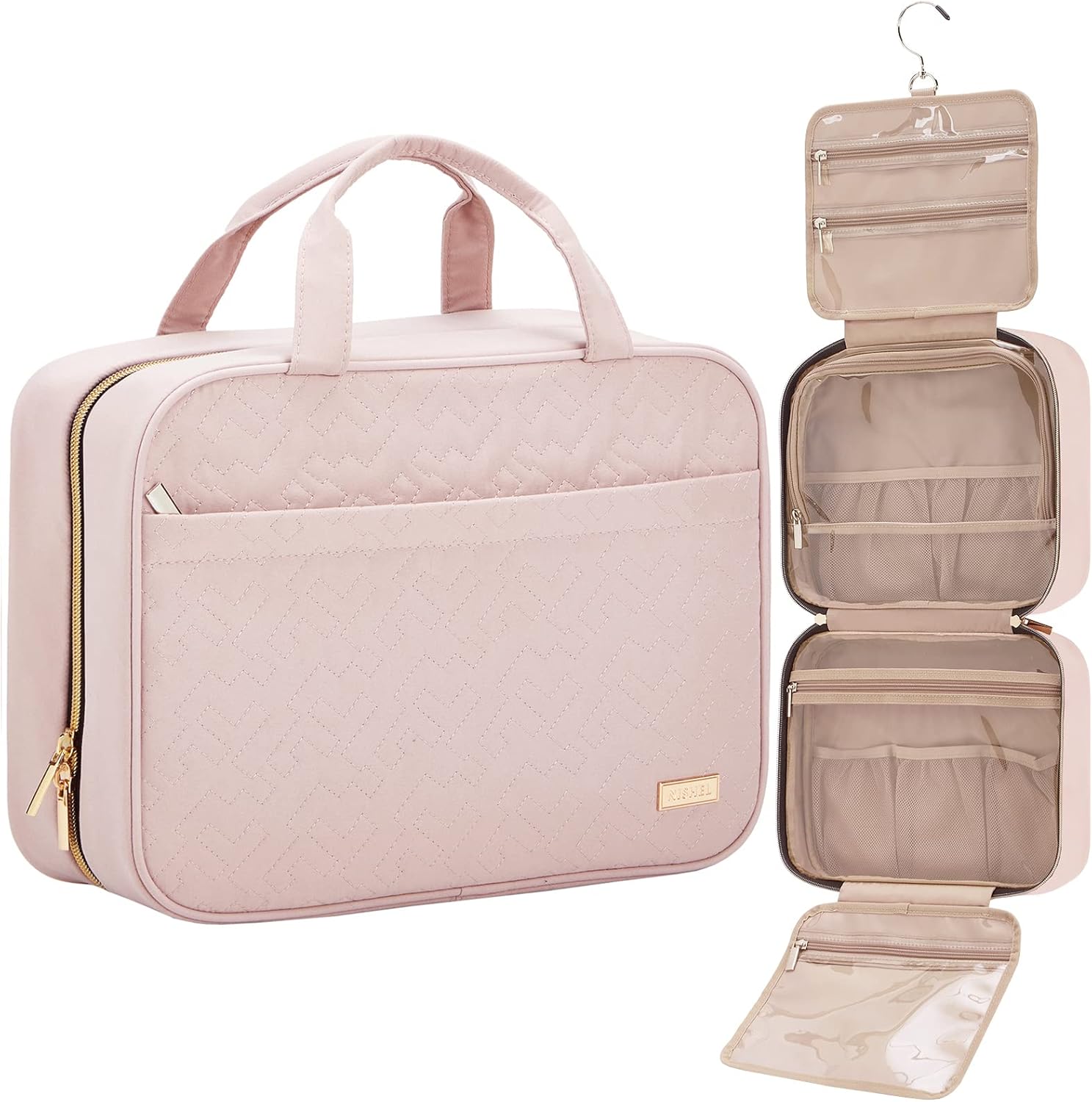 NISHEL Travel Toiletry Bag for women, Portable Hanging Organizer for Full-Sized Shampoo, Conditioner, Brushes Set, Makeup Accessories, Large Size, Pink