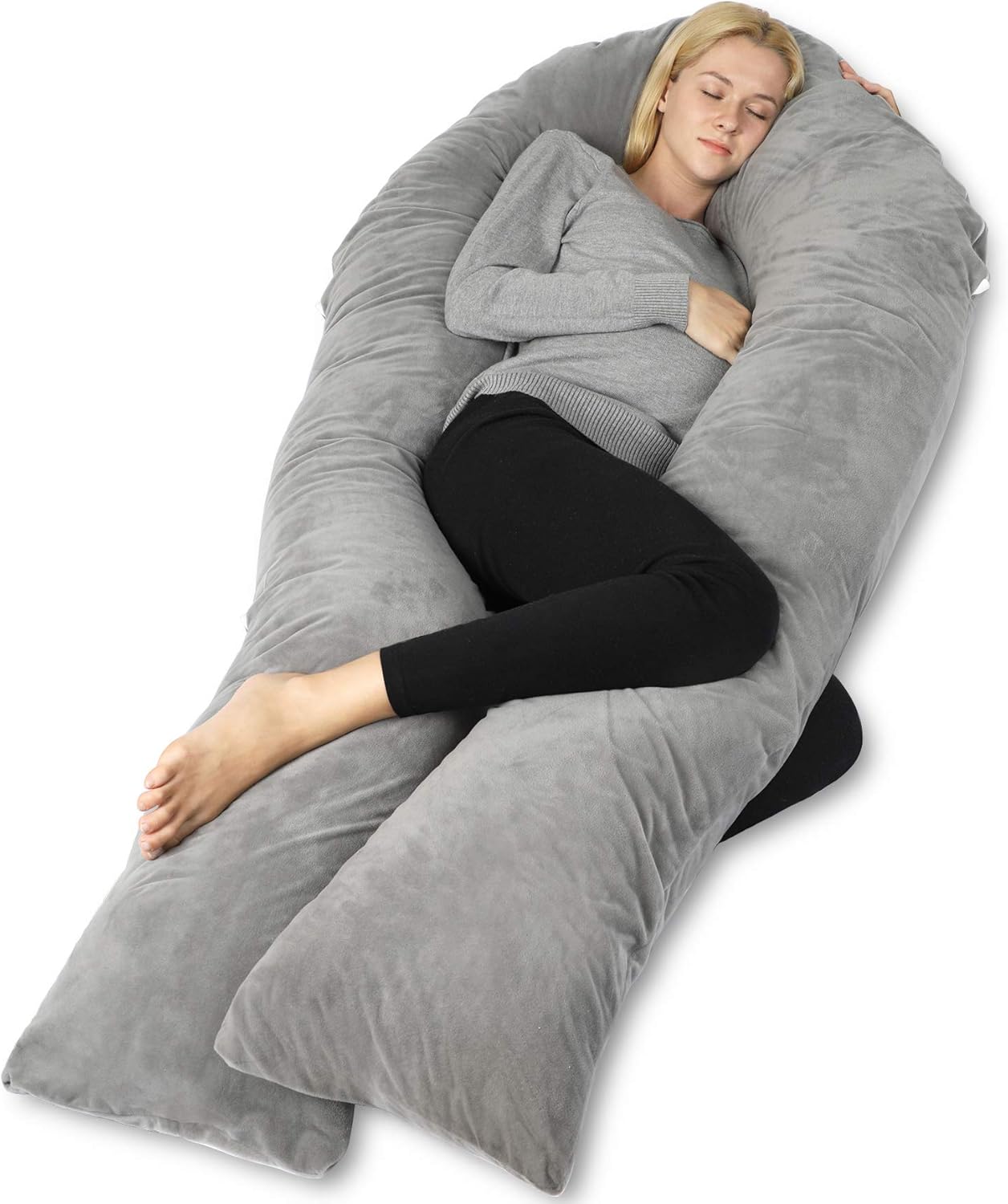 QUEEN ROSE Pregnancy Pillows for Sleeping, U Shaped Body Pillow for Pregnancy, 65 inch Maternity Pillow for Tall Pregnant Women with Gray Velvet Cover