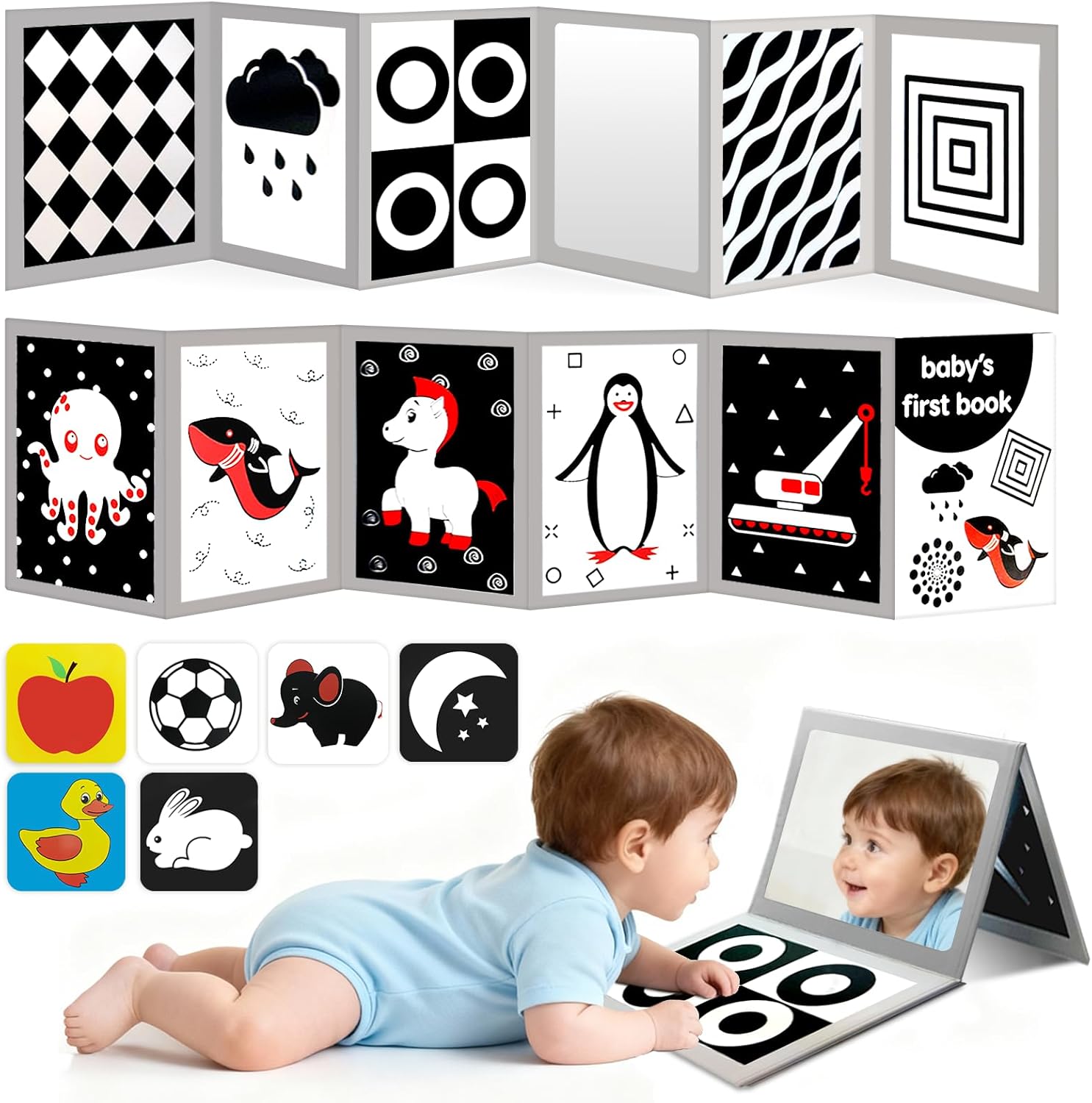 High Contrast Baby Flashcards with Black and White Tummy time Mirror Books, Newborn Brain Development Toys for 0-6 Months Baby as Infants Easter Gift