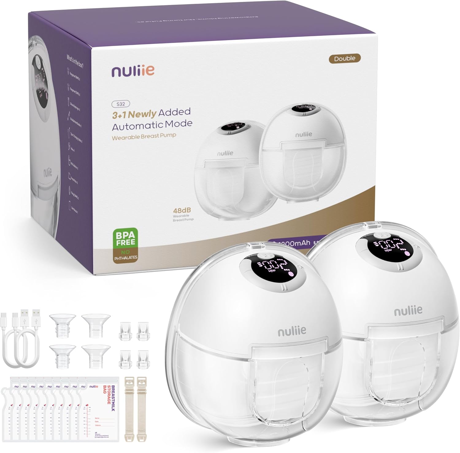 Nuliie S32 Wearable Breast Pump Hands-Free, More Private Electric Pump, 4 Modes 9 Suction Levels, 24mm Flange with 18/21mm Inserts, Easy Clean & Anti-Leak Design, Accessories Included (2 Packs, White)