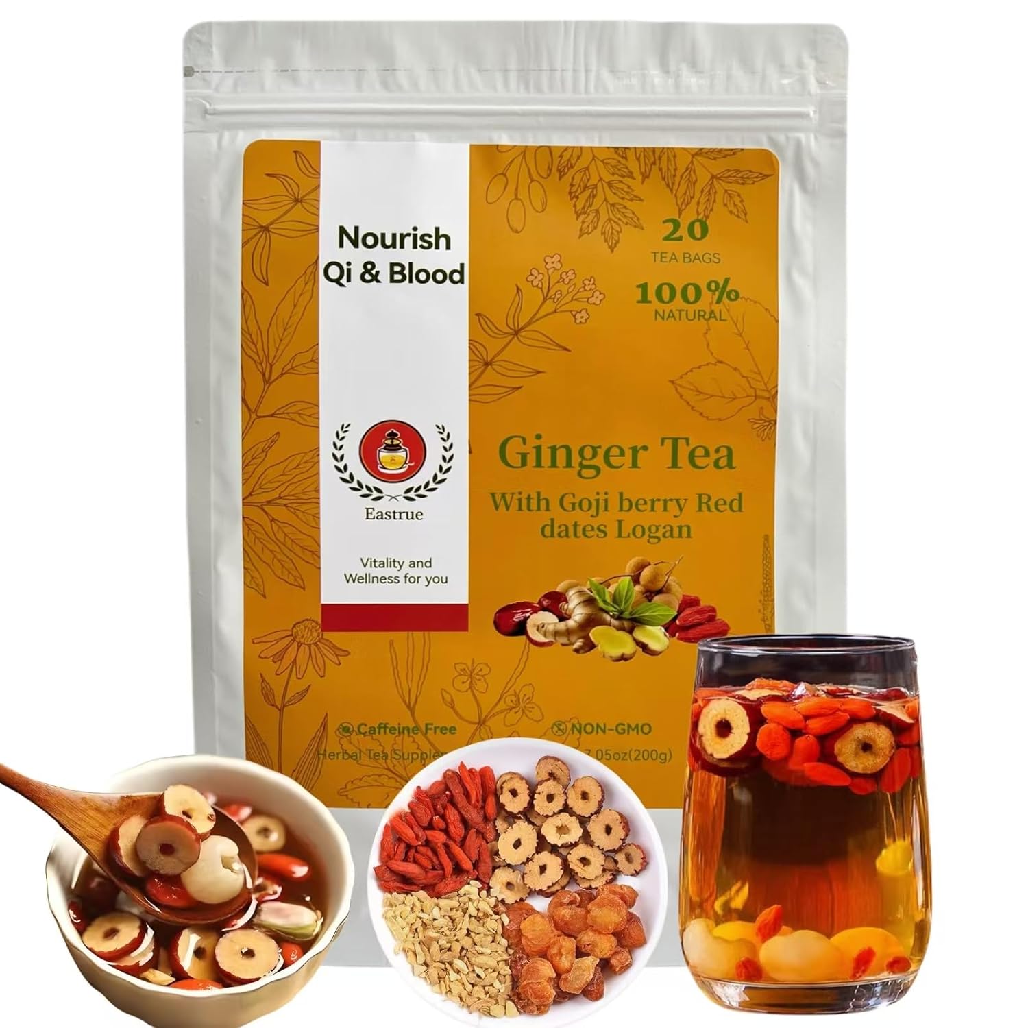 Eastrue Ginger Goji Berry Tea-Traditional Chinese Herbal Tea for Women with Jujube Red Dates,Longan, Sweet & Spicy, Postpartum Essentials & Menopause Support,Mothers Milks Lactation Tea,Caffeine Free, Organic,(200g/20Bags)