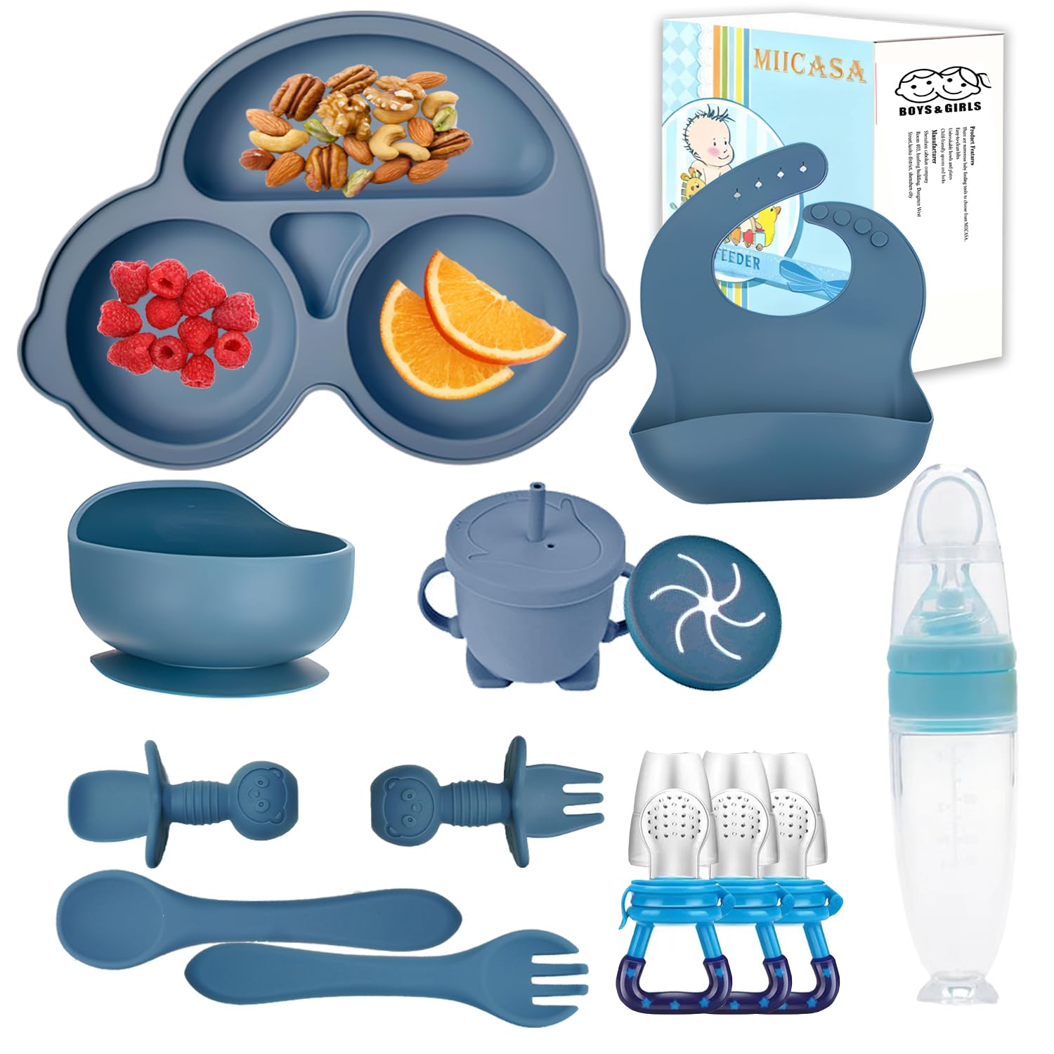 Silicone Baby Feeding Set,Miicasa Baby Led Weaning Supplies Kit With Suction Bowl & Car Plate, Bib, Spoon, Fork, Cup – Food-Grade Silicone, Dishwasher-Safe, No BPAs – For 3+ Months