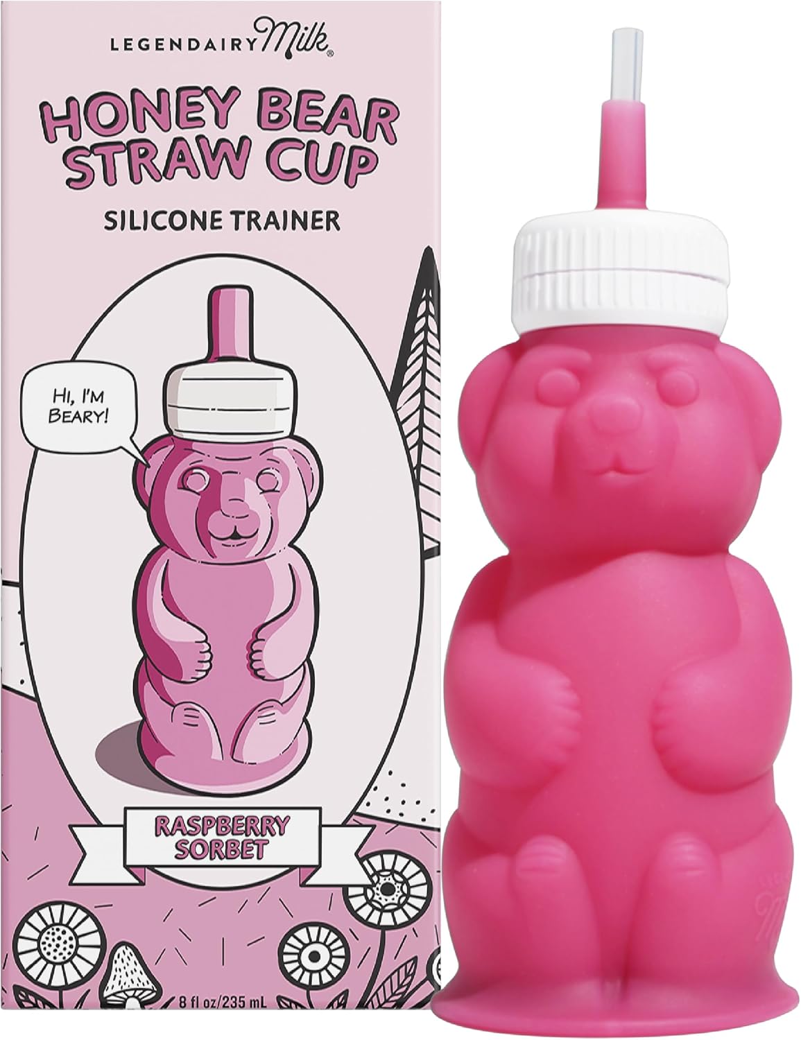 Legendairy Milk Honey Bear Straw Cup for Baby & Toddler, Silicone Squeeze Training Straw Cup, Leak Resistant Baby Sippy Cup with Straw, BPA Free, Dishwasher Safe, Bottle Transition, 8 oz, Pink