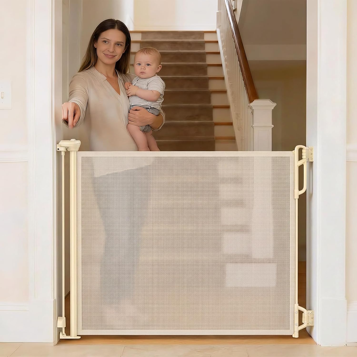 SPACEANY Retractable Safety Baby Gate or Mesh Dog Gate,Durable Portable Mesh Retractable Gate,Easy to Use for Stairs, Doorways, Hallways, Indoor, Outdoor, 33.5″ Tall, Up to 45″ Wide, Cream