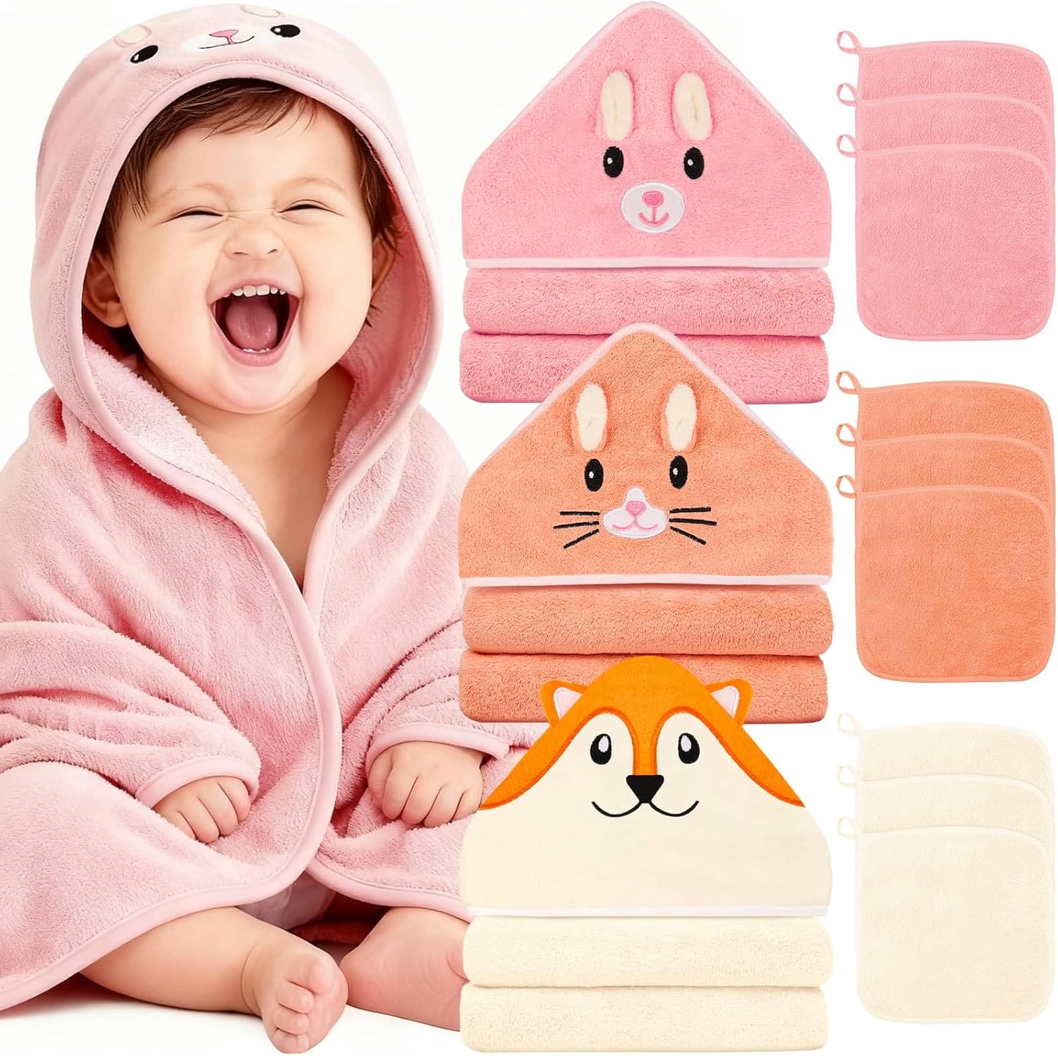 Sublaga 31×31 Inch Baby Hooded Towels, 12Pcs Baby Towels and Washcloths Set, Soft and Absorbent Baby Bath Towels, 3 PCS Cute 32×32 in Baby Towel with Hood and 9 Pcs Baby Washcloths for Boys and Girls