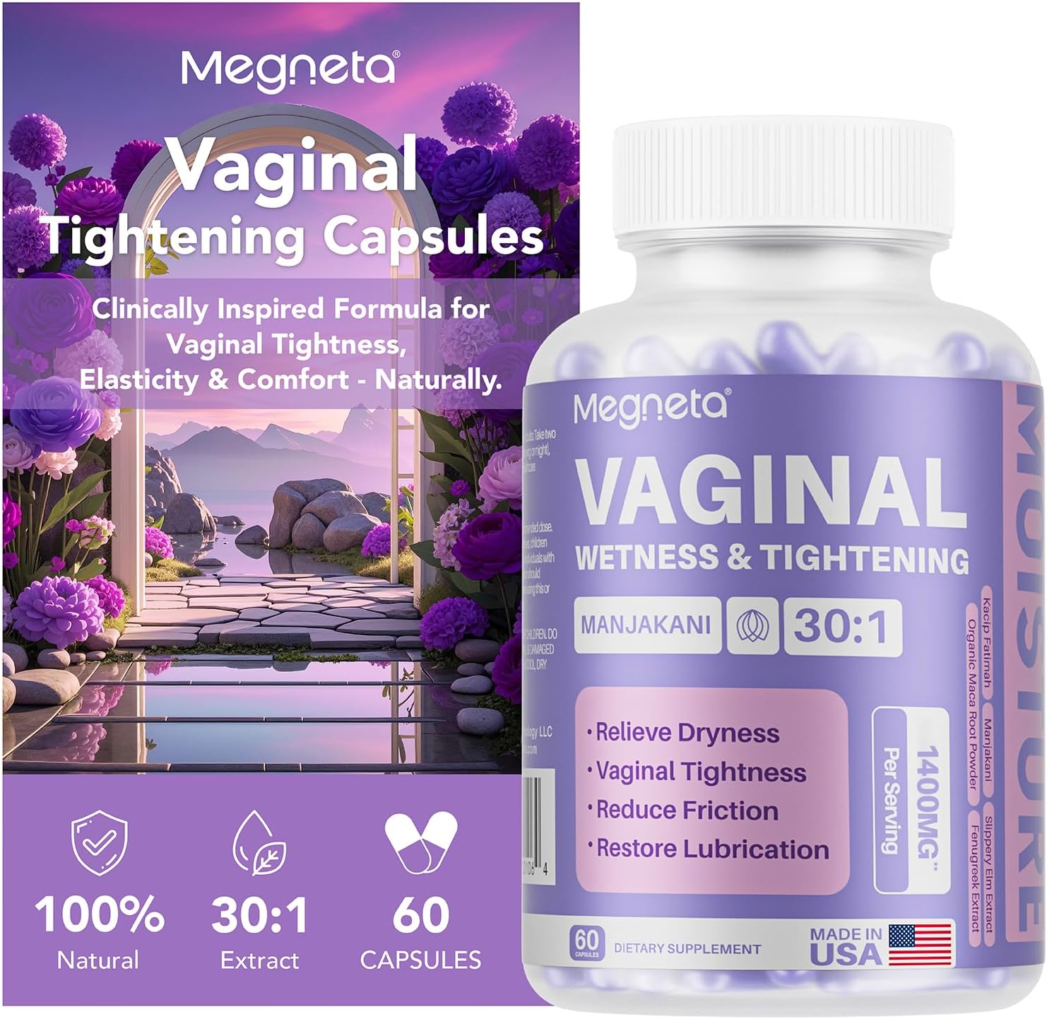 Vaginal Tightening Capsules for Women – Kacip Fatimah, Manjakani & Slippery Elm – Support Elasticity, pH Balance & Intimate Dryness Relief – 60 Vegan Capsules