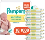 Pampers Sensitive Baby Wipes, Water Based, Clinically Proven, Hypoallergenic, and Unscented for Babies, 1008 Wipes Total (18 Flip-Top Packs) [Packaging May Vary]